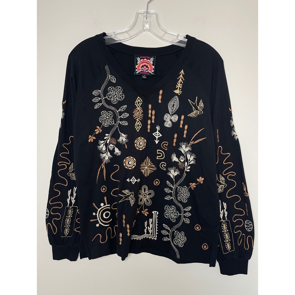 Johnny Was Black Embroidered Boho V-Neck Long Sleeve Top Small Relaxed Fit